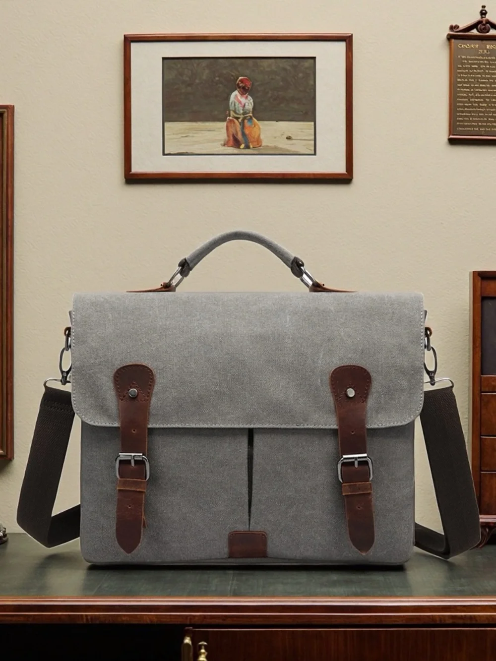 Men's Grey Canvas Briefcase with Brown Leather Trim